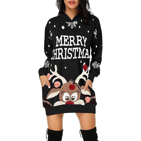 OMZIN Pull De Noël Femme Manches Longues - Sweat-Shirt Festif Imprimé Drôle Avec Poches, Confort Ultra Doux