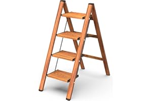 GameGem 4 Step Ladder, Folding Step Stool with Anti-Slip Wide Pedal, Aluminum Material Lightweight yet Sturdy, 150KG Load, Cute Modern Apperance for Indoor Household Spaces, Woodgrain