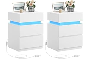 VASAGLE KAILYN Collezione - Set di 2 Comodini con Striscia Luminosa di Luci a LED Multicolore Variabile, 3 Cassetti, Tavolino in Stile Moderno, 35 x 40 x 55 cm, Bianco LET0830W01