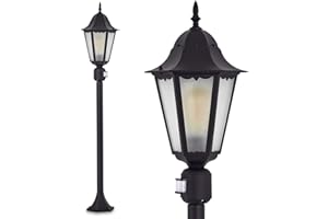 HOFSTEIN Lampe d'extérieur Hongkong Frost, détecteur de mouvement, lampadaire en look antique, fonte d'aluminium en noir mat, vitres en verre dépoli, lampe de chemin/de jardin rétro, E27, IP44, sans ampoules