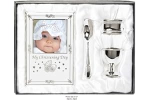 SHUDEHILL GIFTWARE Beautiful Boxed Silver Plated Christening Day Gift Set - 4-Piece, Includes Egg Cup, Spoon, Baby Photo frame, Napkin Ring in Presentation Gift Box.
