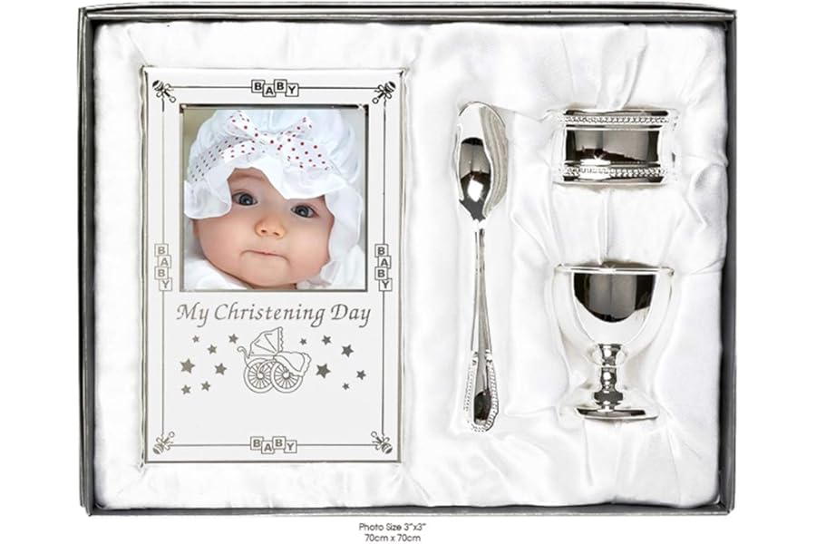 Beautiful Boxed Silver Plated Christening Day Gift Set - 4-Piece, Includes Egg Cup, Spoon, Baby Photo frame, Napkin Ring in Presentation Gift Box.