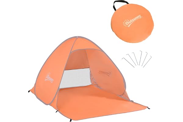 Outsunny Abri de Plage Tente de Plage Pliable Pop-up Automatique instantané Protection UV fenêtre arrière Grand Tapis de Sol Orange