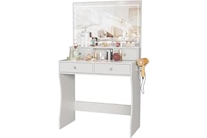 JoliJour Toeletta Trucco con luci LED + Porta di ricarica, Moderna Toeletta Trucco Salvaspazio, Bianco Toeletta da Trucco con specchio Extra grande per donna, Postazione Make-up 4 Cassetti