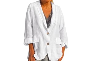 GENERIC Veste d'été légère et longue en lin pour femme - Grandes tailles - Élégante - Noir et blanc - Blouse blazer ouverte sur le devant - Veste blazer d'affaires avec poche et boutons - Veste matelassée /