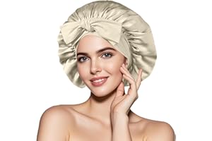 WAYMAYTECY Champagner Maulbeerseide Schlafmütze mit elastischem Band, Rutschfest Kopfbedeckung Seidenhaube zum Schlafen, Nachtmütze für lockiges Haar Verstellbar,Haare schützen, Haarpflege