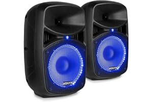 Vonyx VPS082A Sistema de Sonido Pack de 2 Altavoces Activos portátiles de 400 W con micrófono con Cable, Control Remoto, Tecnología Bluetooth, Reproductor MP3 con USB y SD, Luces LED