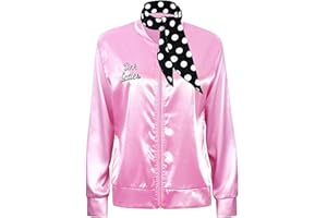 Aleshime Pink Ladies Jacket Grease Fancy Dress Women 1950S Costume Outfits, 50s Ladys Pink Satin Jacket with Neck Scarf Halloween Cosplay Costume