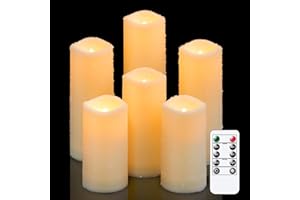 Mavandes LED wasserdichte batteriebetriebene Outdoor-Kerzen, flackernd mit Fernbedienung und Timer, Set aus 6 flammenlosen Plastik-Stumpenkerzen in Elfenbein, Größen: 5,5cm x 10, 12,5, 15, 17,5cm