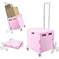 Hcosmy Foldable Cart with Stair Climbing Wheels,45L Utility Rolling Shopping Cart,Collapsible Rolling Crate with Magnetic Lid,360° Rotate Wheel Hand Cart Handcart for Tourist Shopping Office (Pink)