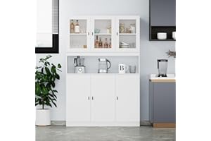 PREMTURE Küchenschrank mit 6 Türen, Küchenschränke mit 3 Türen aus gehärtetem Glas, Buffetschrank, Küchenbuffet mit Verstellbaren Einlegeböden, Küchenschränke mit Arbeitsplatten, Weiß, 30 x 120 x 180 cm