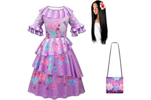 Eleasica Dziewczyna Isabela przebranie Encanto torba dziecięca sukienka księżniczka kostium na Boże Narodzenie prezent urodzinowy krótki rękaw cosplay Halloween karnawał maskarada fantazyjna sukienka, fioletowa+torba,peruka, 130