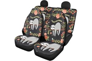 ‎CHAQLIN chaqlin Funny Sloth Print Autositzbezüge + Rückenlehnenbezug hinten + Sitzbezug hinten Autositzbezüge Komplettset mit 4 Teilen Niedliches Faultier Autozubehör, Universal-Passform, Schwarz