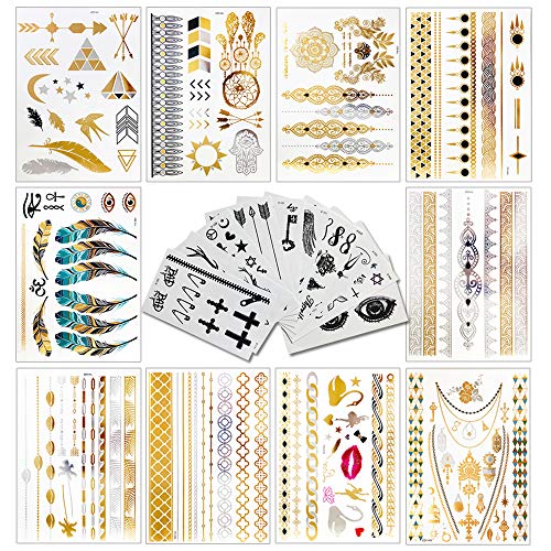 MUYOS Halloween Temporary Tattoos, 20 Sheets 200 Patterns Waterproof Metallic Flash Tattoos in Black,Silver & Gold,The Perfect Festival & Party Accessory