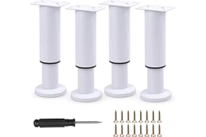 TERDEY Furniture Adjustable Legs, Metal Bed Support Leg Central Slat Frame Couch Replacement Support Leg Part Heavy Duty Furniture Foot with Screwdriver for Cabinet/Dresser/Table/Sofa 12-18cm (White 4 Pcs)
