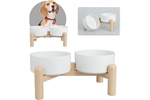 PTOBER Comedero Perro Elevado - Juego de 2 Cuencos para Perros con Soporte Antideslizante - Cerámica Apta para Perros Pequeños y Medianos - 2 x 850 ml - Blanca