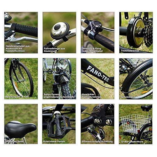 FANO-TEC Dreirad Für Erwachsene Seniorenrad Erwachsenendreirad 24 Zoll Shimano 6-Gang FT-7009 Rot - 4