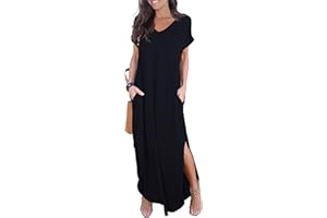 GRECERELLE Women Maxi Long Dress Summer Casual Short Sleeve V Neck Maxi Dresses with Pocket
