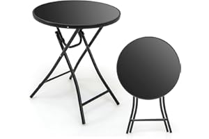 RELAX4LIFE Folding Patio Side Table, 59cm Garden Round Bistro Table with Tempered Glass Top, Metal Frame Outdoor Accent Coffee Dining Table for Balcony, Backyard, Poolside