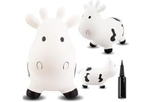 sun baby Animal Sauteur Gonflable, Jouet Enfant 1 an pour l'intérieur et l'extérieur, Design Ergonomique, Pompe Manuelle Incluse (Vache Noire et Blanche)
