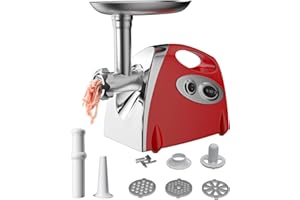 MIOANSER Picadora de Carne, 2800W, 3 Discos de Corte, Accesorios para Dar Forma a Embutidos, Picadora de Carne Eléctrica para Picar Carne y Hacer Embutidos (Rojo)