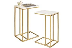 Aibiju Set of 2 C-Shaped Side Table, End Table, Sofa Side Table with Non-Slip Foot Pads for Bedroom, Living Room, Office, White Faux Marble and Gold Metal Frame, YD-TM051G-2