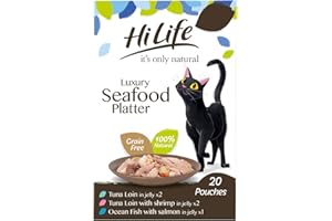 HILIFE it's only natural - Wet Cat Food - Luxury Seafood Platter in Jelly Tuna Loin Salmon Shrimps - 100% Natural Grain Free, 20 Pouches x 50g