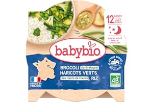 Babybio – Bonne Nuit – Assiette Brocoli Haricots Verts de Vendée Riz 230g – 12+ Mois – Lot de 1