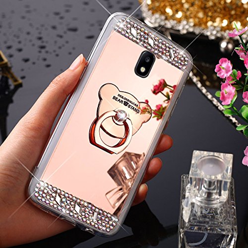 Galaxy J5 2017 Hülle, Galaxy J5 2017 Spiegel Hülle Mirror Case, Ukayfe [Glitzer Strass Bär Handy Ständer Ring Holder] Glitzer Silikon Hülle Samsung Galaxy J5 2017 Rose Gold Plating Silikon Schutzhülle Luxus Glänzend Glitzer Kristall Strass Rahmen Weich TPU Handy Tasche Ultra Dünn Silikon Weich Crystal Handyhülle mit Make Up Spiegel Mirror Kratzfeste Handy Tasche Schale Etui Bumper für Samsung Galaxy J5 2017 - Bär Rose Gold