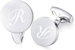 HONEY BEAR Initial Alphabet Letter Cufflinks for Men, Silver Round Shape for Wedding Business Gifts A - Z