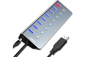 Hub USB 3.0, LOBKIN 7-portowy koncentrator USB aktywny 3.0 z zasilaczem i 1 inteligentnym ładowaniem z przełącznikiem, wskaźnik LED do komputera, laptopa, tabletu, Windows, Mac OS, Linux (kabel