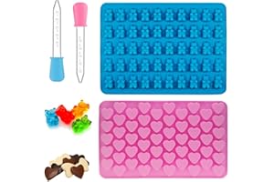 VCSJW Lot de 2 Moules en Silicone pour Oursons avec 2 Compte-gouttes, Anti-adhésif, en Forme de Cœur, Réutilisable pour Bonbons et Chocolats, 55 Cœurs/50