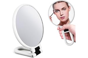 Delsen Espejo de Mano con 15 Aumentos,Mano de Doble Cara Espejos,Espejo de Mano con Mango para Viaje 1X 15X,Plegable Espejo para Maquillaje de Ojos,Viajes,Mesa o Afeitado (Blanco)