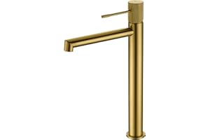 MICE COLLECTION IMEX - Grifo monomando lavabo de caño alto, Grifería Baño agua Frio/Caliente - Serie Line Oro Cepillado - BDD038-3OC