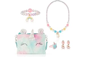XiYee Unicorno Regalo Peluche Borsetta Bambina Set Gioielli, Unicorno Collana Bracciale Orecchini Anelli Anello, Principessa Kit Gioielli Forniture per Feste Accessori