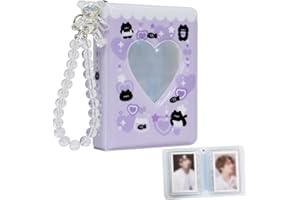 Babyfond 3 Inch Mini Photo Album, 40 Pockets Heart Hollow Card Binder Cartoon Bear Photo Album, Kpop Idols Card Binder with Pearl Bear Hanging chains (Purple Bear)