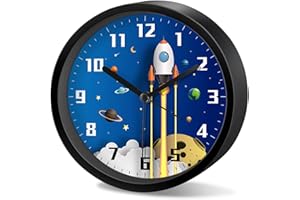 EXQULEG Kinderwecker Jungen Ohne Ticken, Kinder Wecker Weltraum Astronauten, Analoger Wecker Reisewecker für Junge Mädchen und Schüler (Schwarz,Runde)