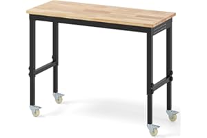 TANGZON Height Adjustable Workbench, Heavy Duty Metal Frame Wide Top Rolling Garage Work Bench with 4 Lockable Universal Wheels, Indoor Outdoor Large Workstation (4-Level Adjustable, Natural + Black)
