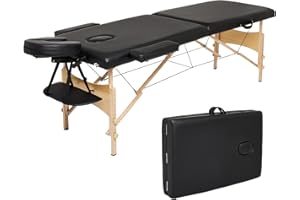 Meerveil Portable Massage Table 2 Sections Folding Cosmetic Bed in LEATHER and Wood, with Removable Headrest, Adjustable Armrests, Carry Case and Accessories，Black, 198x60x81cm