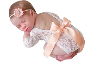Camidy Neugeborene Fotografie Requisiten Outfits 2 Stück Baby Spitze Strampler Stirnband Set für Mädchen Fotoshooting