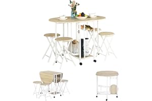 GOKHOMX Juego de comedor plegable con 4 sillas, mesa de cocina, pequeño espacio, almacenamiento, ruedas, Bistrot, terraza, roble