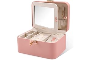 KAMIER Jewelry Box - 2 Layer PU Leather Organizer with Large Capacity, Double Lock, Built-in Mirror, Hidden Necklace Hooks, Removable Dividers, Pink