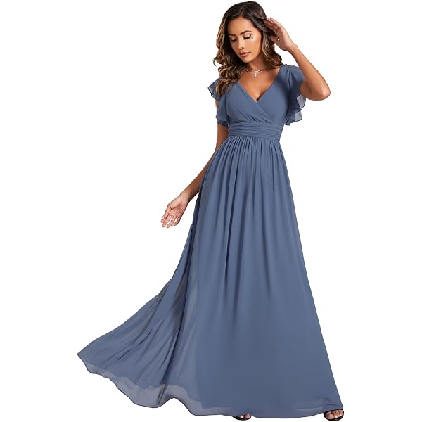 Ever-Pretty Robe Femme Demoiselle d'honneur Manches Volantées Col en V Ourlet Irrégulier Robe Bal De Promo Bleu Brume 48