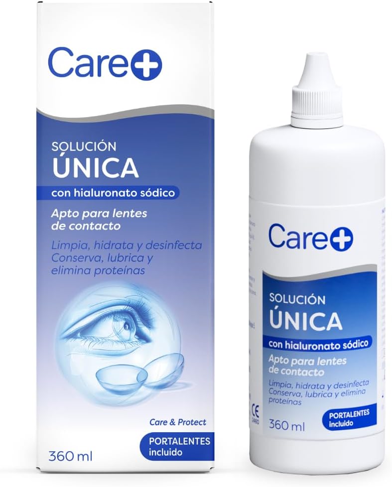 Care+ Líquido de lentillas con Hialuronato Sódico, Solución única para contacto blandas, Limpia e hidrata, Alivio para Ojos Secos y Sensibles, con portalentillas, 360ml
