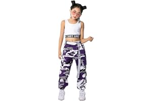 LOLANTA 2 Piezas Niñas Hip Hop Street Dance Solo Ropa Set Crop Tank Top+Camuflaje Jogger Pantalones