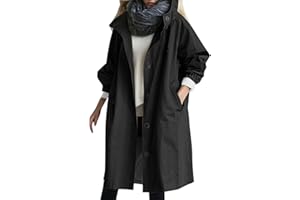 RUITOTP Veste de pluie légère et longue pour femme Trench à boutons de couleur unie avec capuche Coupe-vent à coupe ample Imperméable décontracté avec poches Grandes tailles S à S-5XL