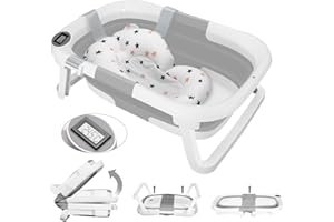 KASANNI Groß Faltbare Babywanne mit Badematte, Baby Badewanne Faltbar mit Duschkopfanschluss & Integriertem Thermometer, Baby Wanne,Ergonomisch, Platz Sparen,Tragbare Badewanne Babys für von 0-36 Monaten
