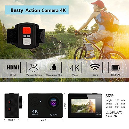 Besty Original 4K WiFi Wasserdichte Actioncam mit Doppelladegerät Action Kamera 12MP 2 Zoll Full HD 1080P 170 °Weitwinkel-Objektiv Waterproof Sportkamera Mini DV Sports Camera Camcorder mit Fernbedienung und 2 Stück Akkus Schwarz - 3