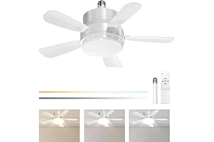 Toowell Small Fan Light Bulb Ceiling Fans with Lights and Remote E26 E27 Screw in Fan Light 6 Speeds 3 Colors Dimmable Bulb with Timer Function