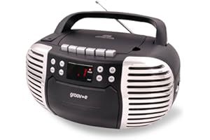 GROOV E Groov-e Retro Boombox - Portable Cassette Tape & CD Player with Radio, 3.5mm Aux Port, & Headphone Socket - LED Display, 2 x 1.2W Speakers - Battery or Mains Powered - Black